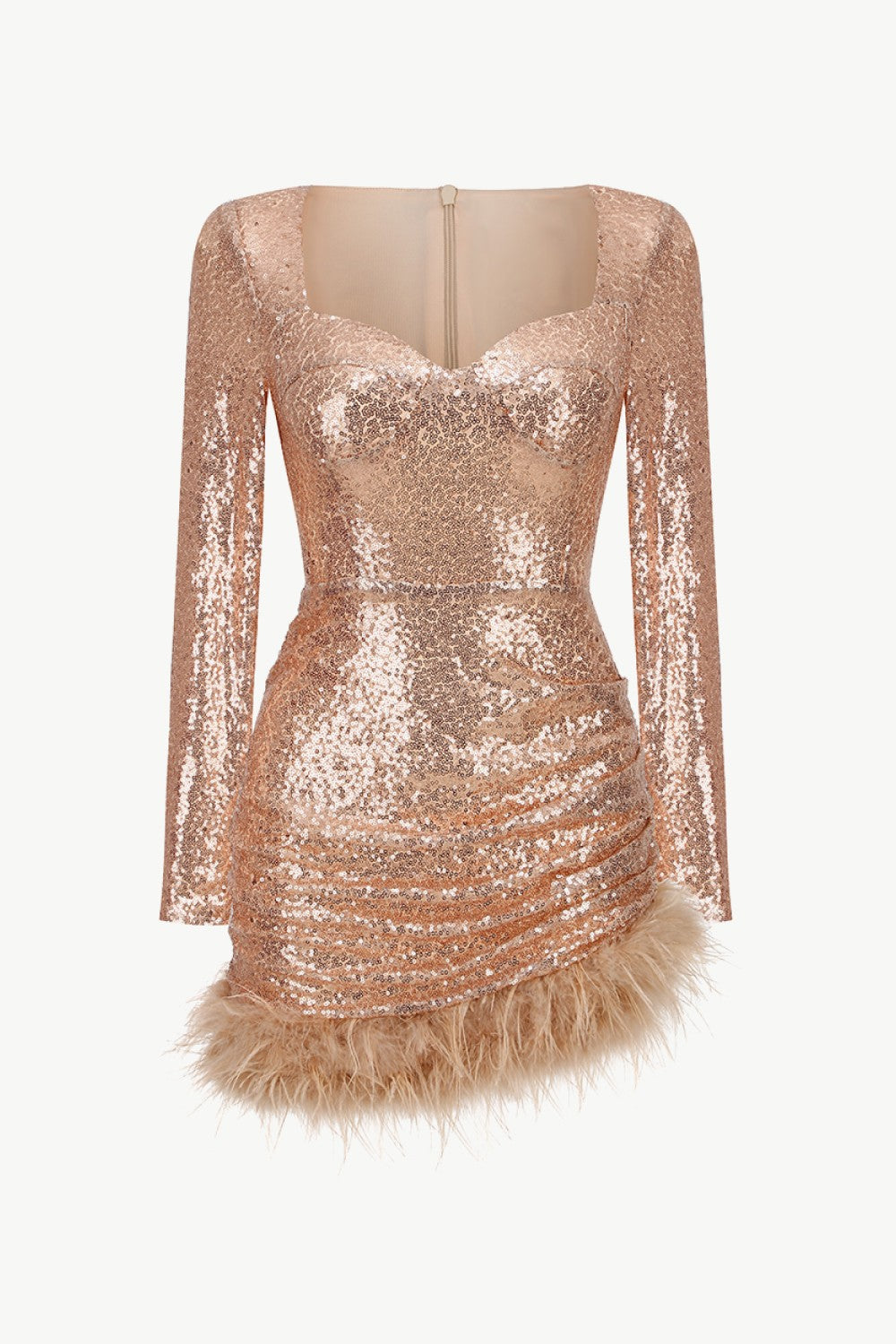 Sequin Sweetheart Neck Feather Hem Mini Dress-Gold
