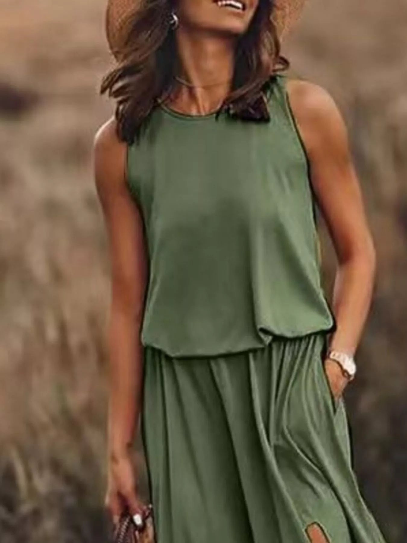 Round Neck Sleeveless Slit Maxi Dress