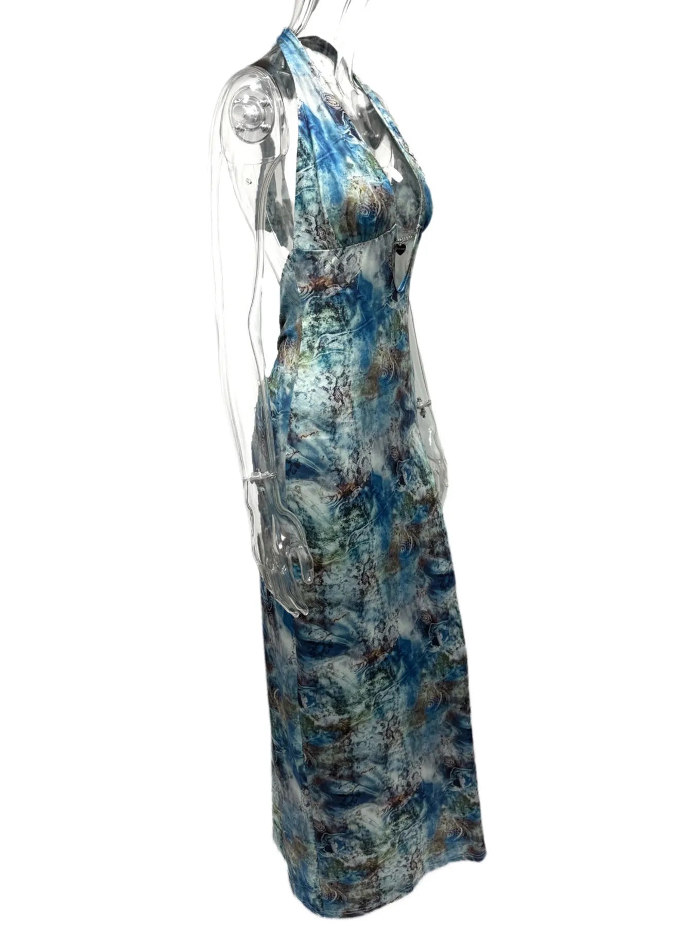 Printed V-Neck Halter Neck Maxi Dress