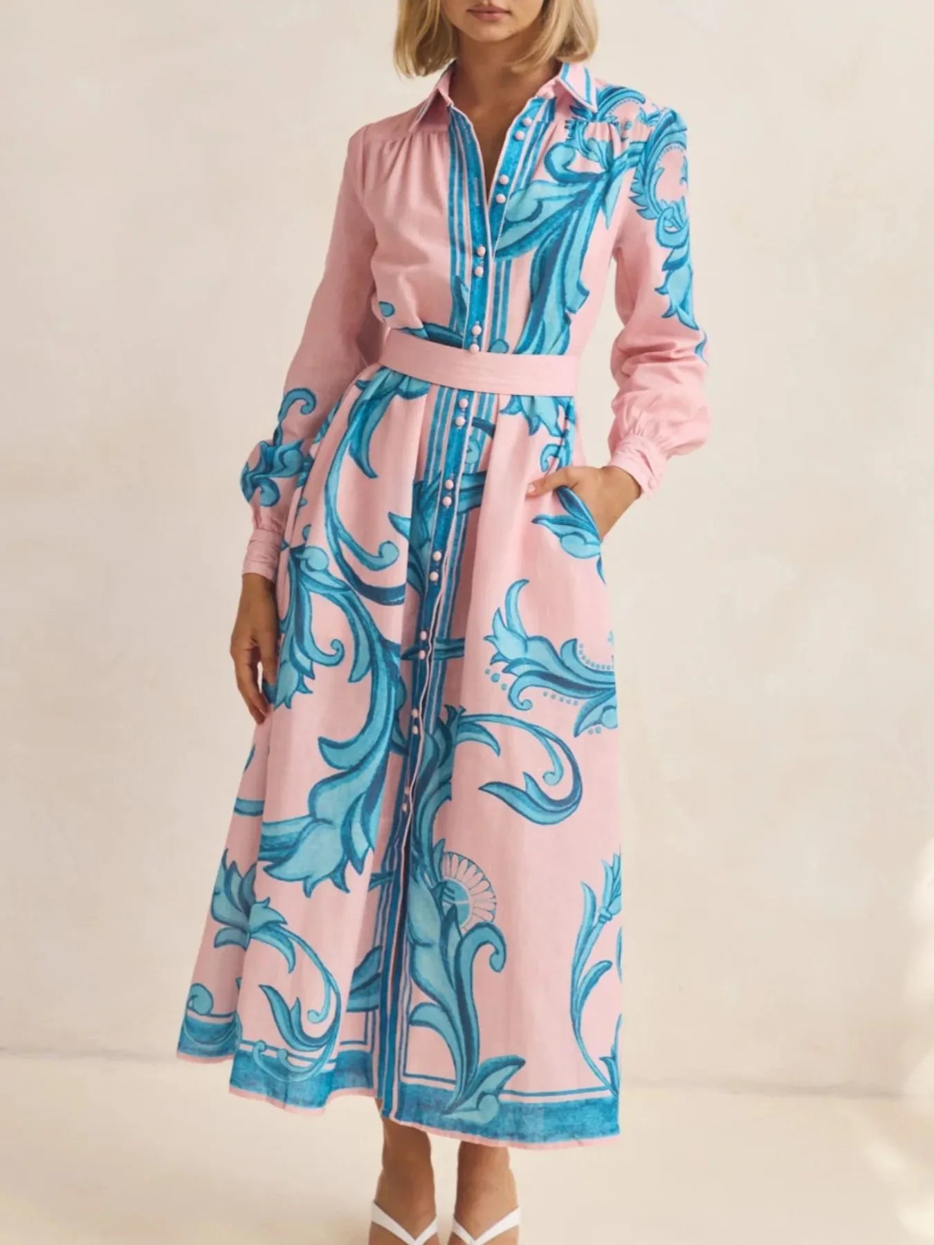 Printed Button Down Belted Shirt Dress