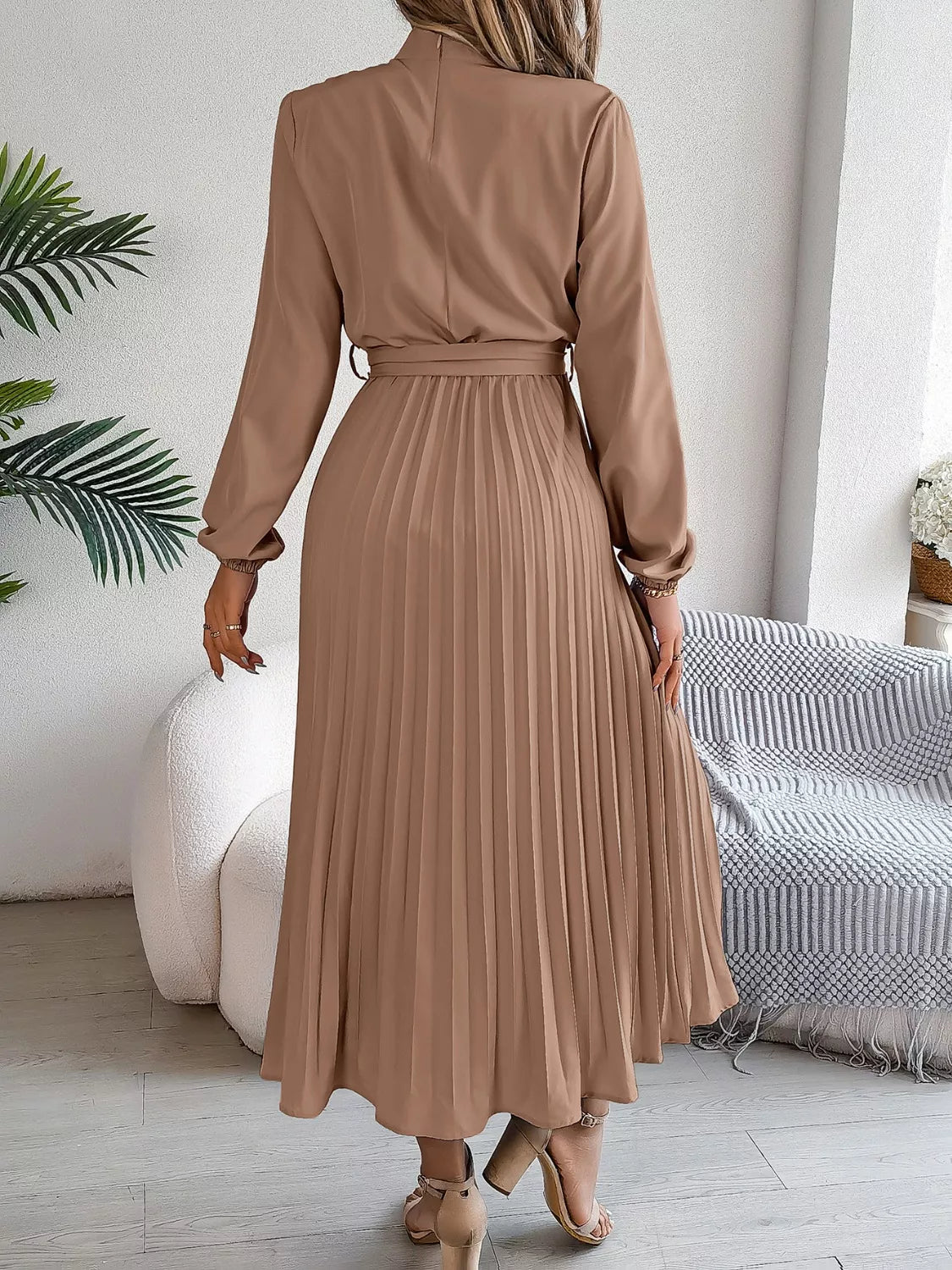 Mock Neck Pleated Midi Dress