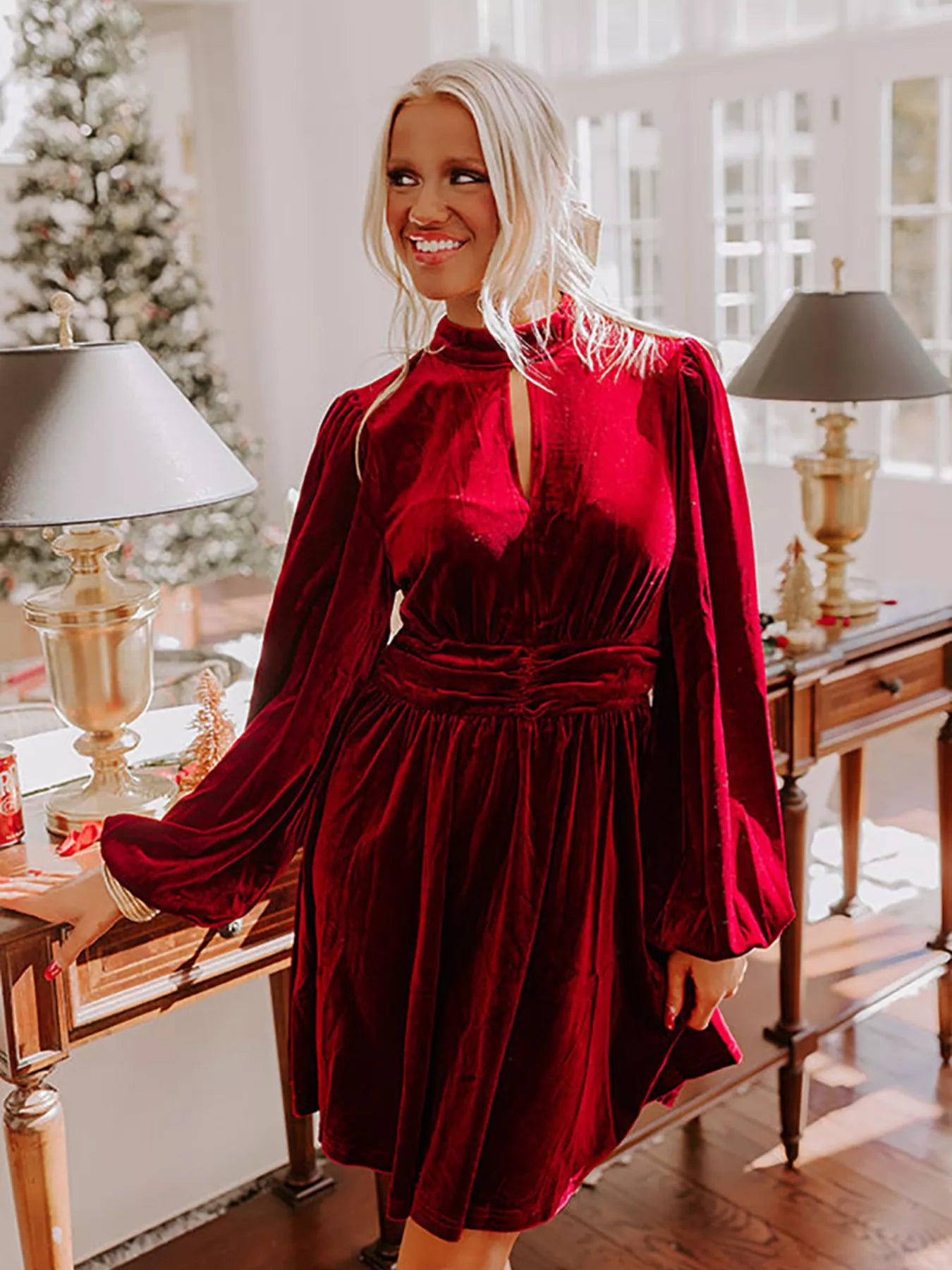 Velvet Mock Neck Balloon Sleeve Dress