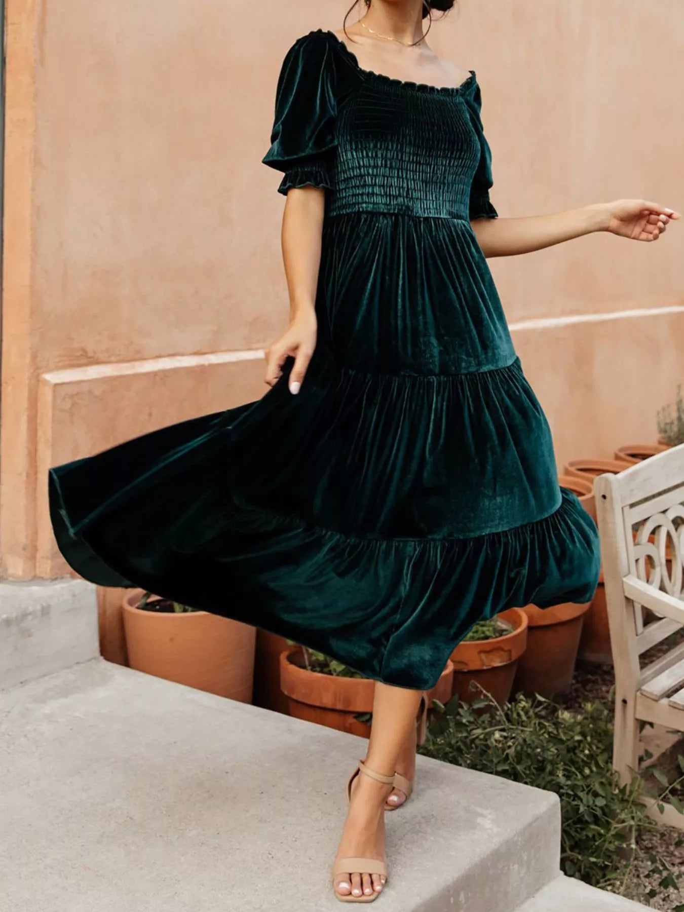 Velvet Smocked Tiered Midi Dress