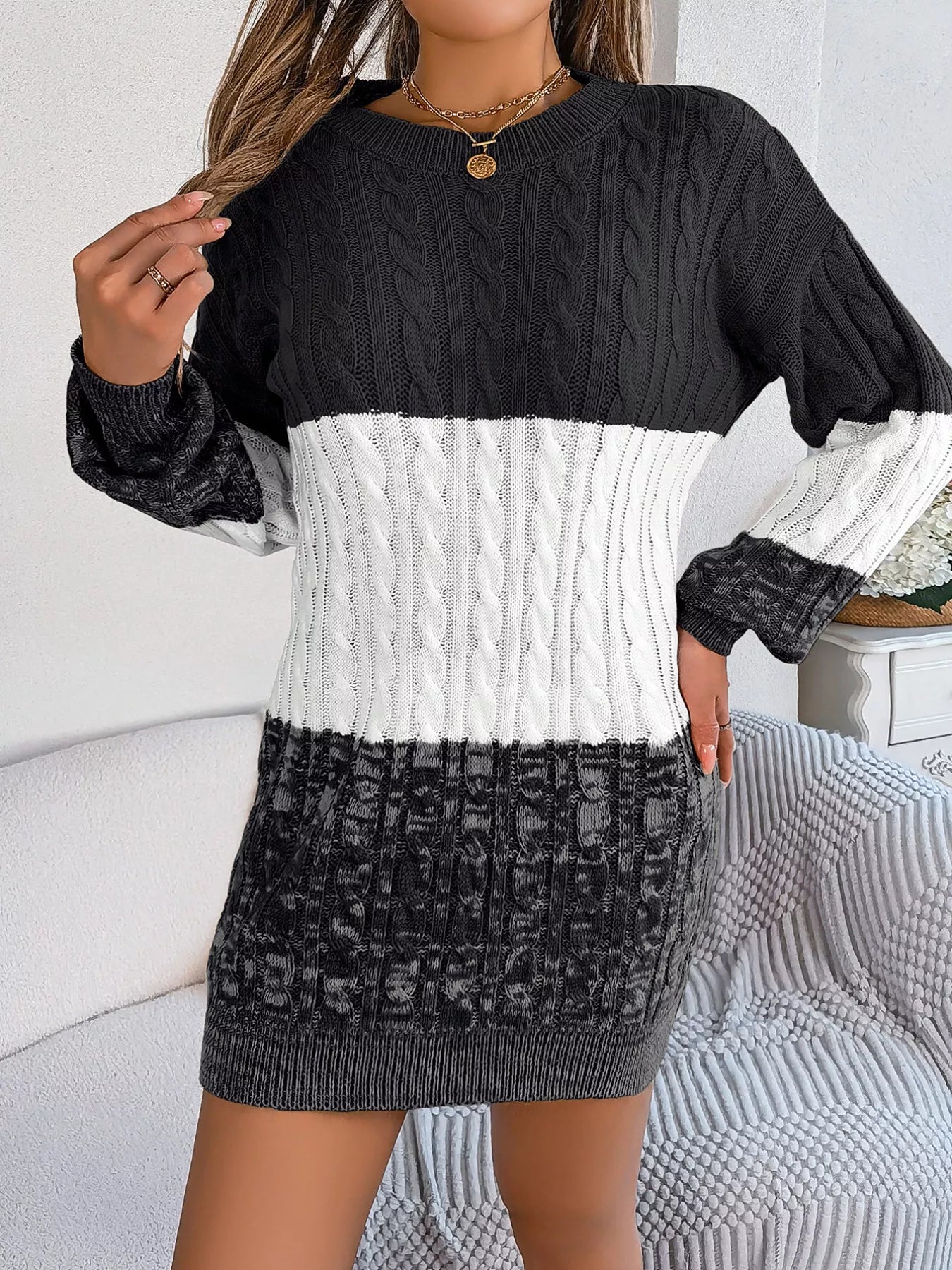 Color Block Cable Knit Sweater Dress with Textured Pattern