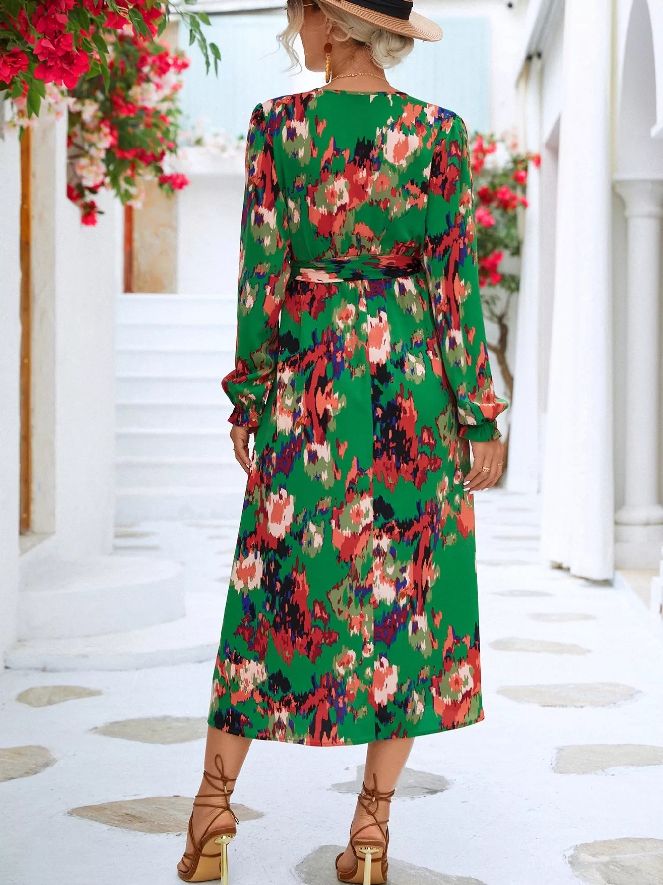 Printed Surplice Long Sleeve Midi Dress