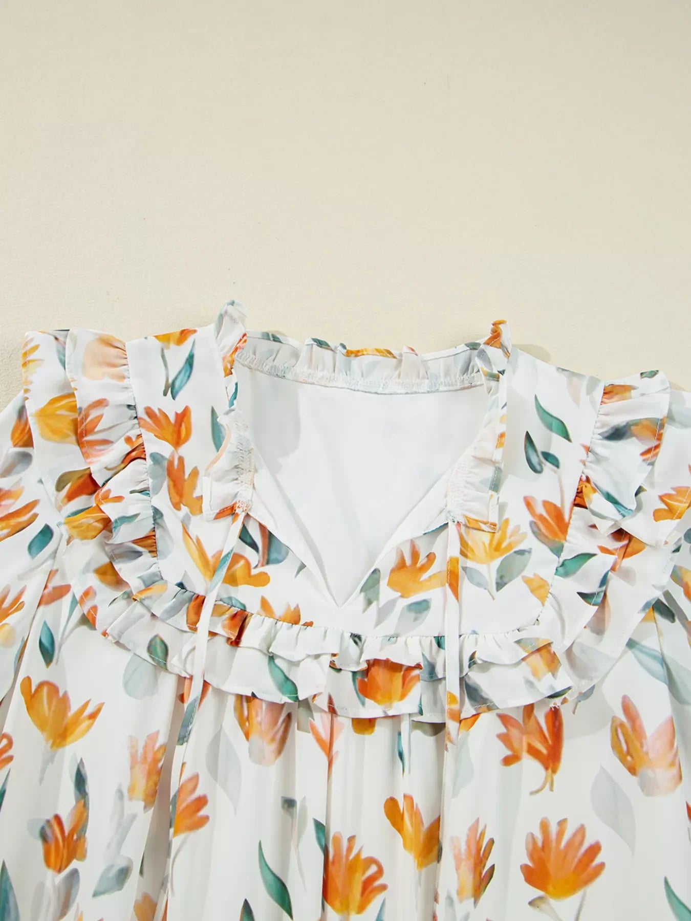 Floral Print Tie Neck Frilled Detail Long Sleeve Mini Dress