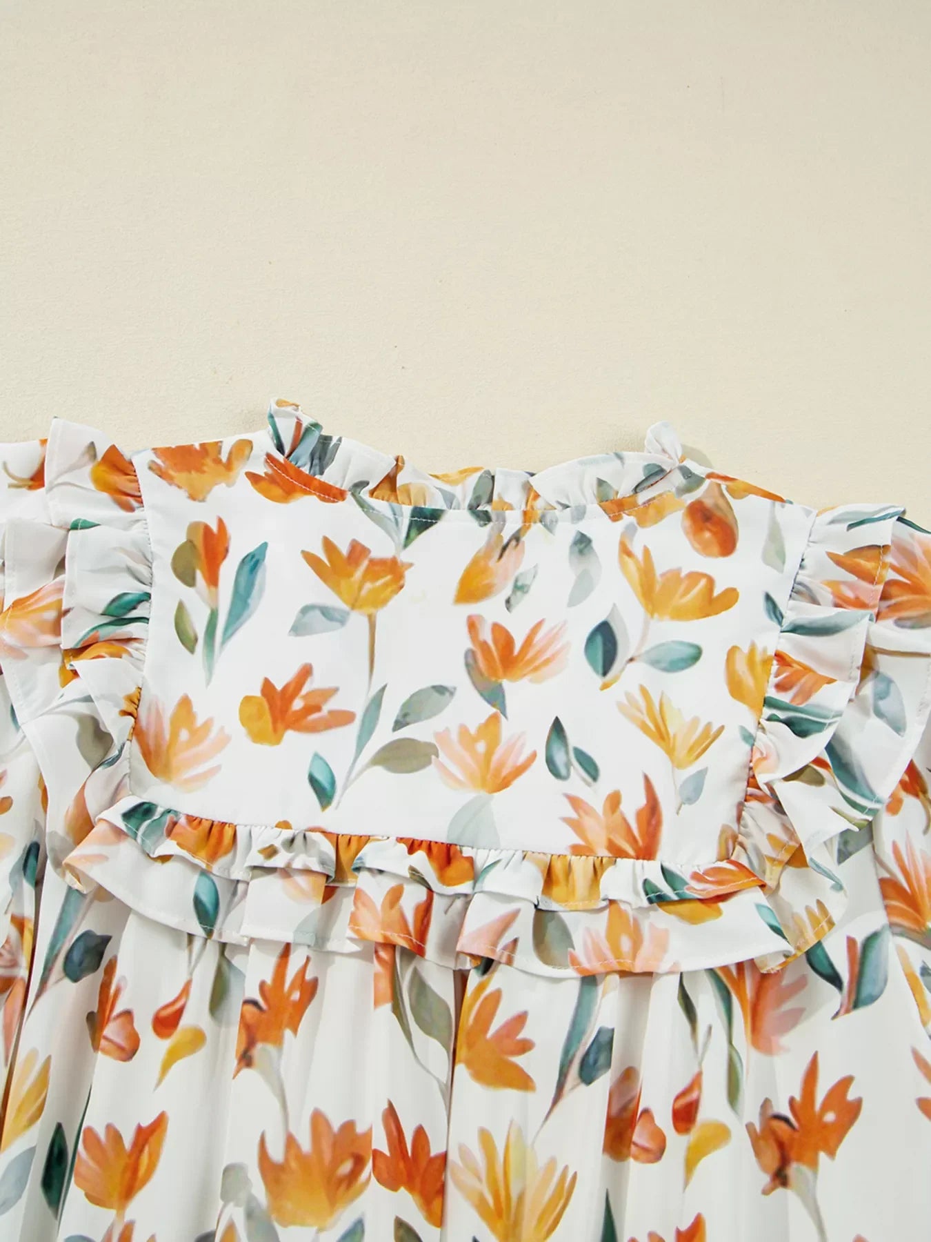 Floral Print Tie Neck Frilled Detail Long Sleeve Mini Dress