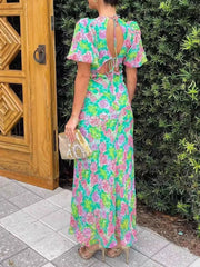 Floral Print V-Neck Puff Sleeve Midi Dress