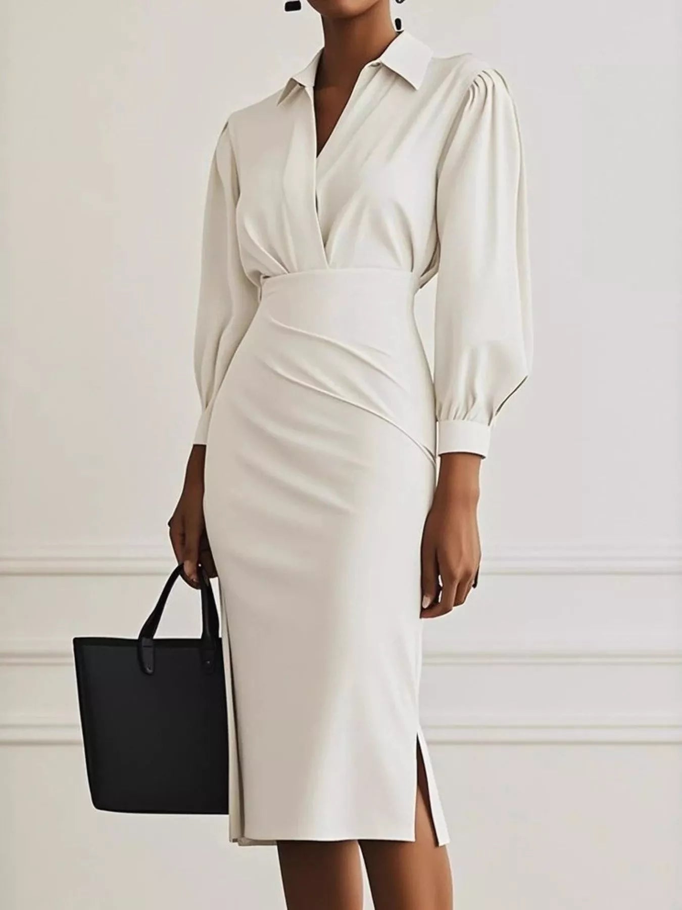 Ruched Midi Shirt Dress with Side Slit