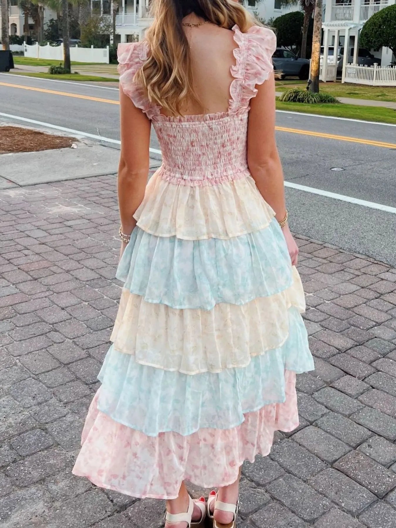 Smocked Ruffle Layered Floral Midi Dress
