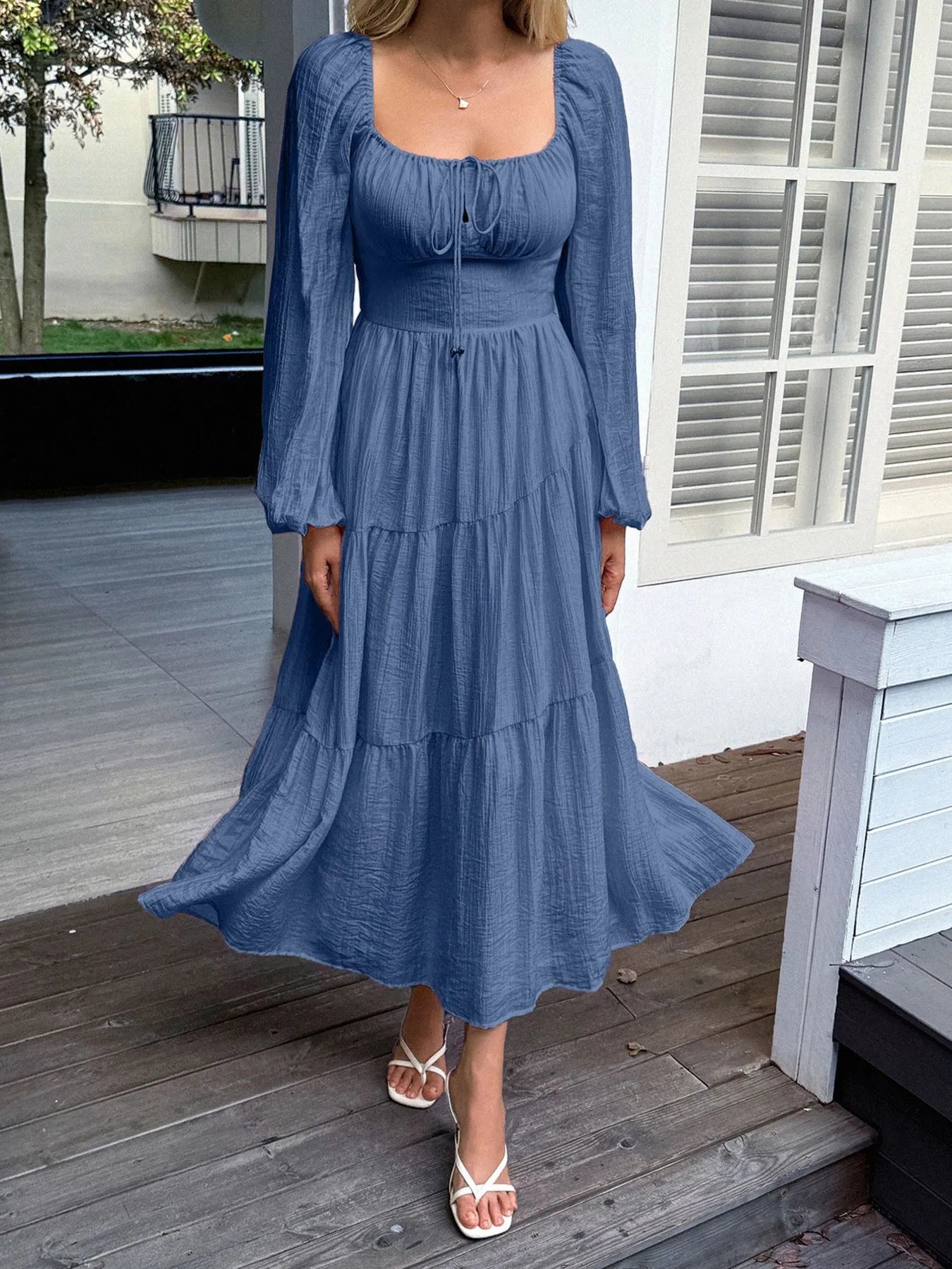 Tiered Balloon Sleeve Midi Dress