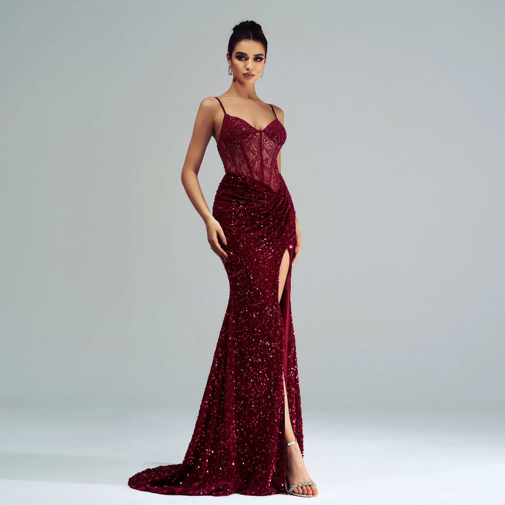 Spaghetti Straps Sequin Slit Maxi Dress