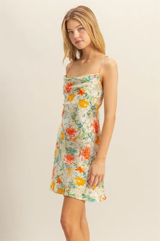 HYFVE Floral Cowl Neck Flirty Satin Mini Dress