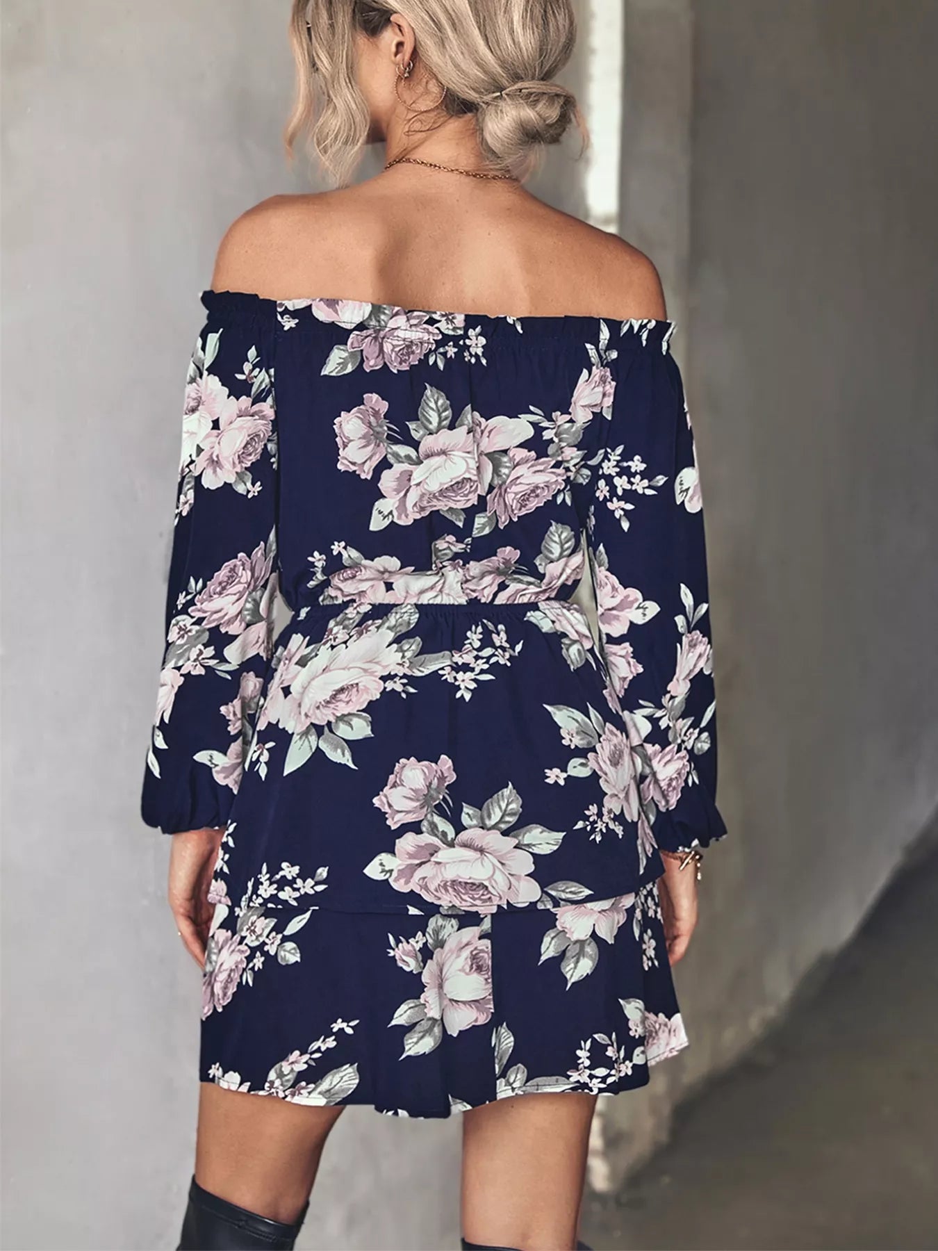 Off-Shoulder Floral Print Long Sleeve Mini Dress