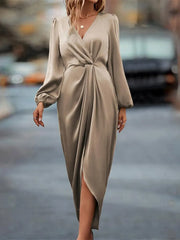 High-Low Surplice Balloon Sleeve Midi Dress