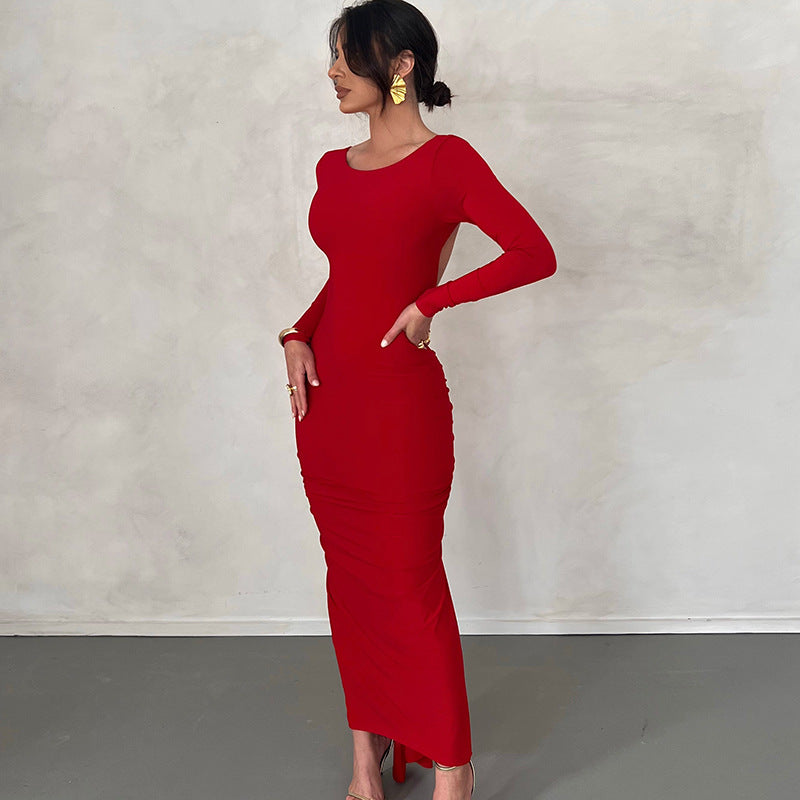 Backless Pleated Long Elegant Slim Dress
