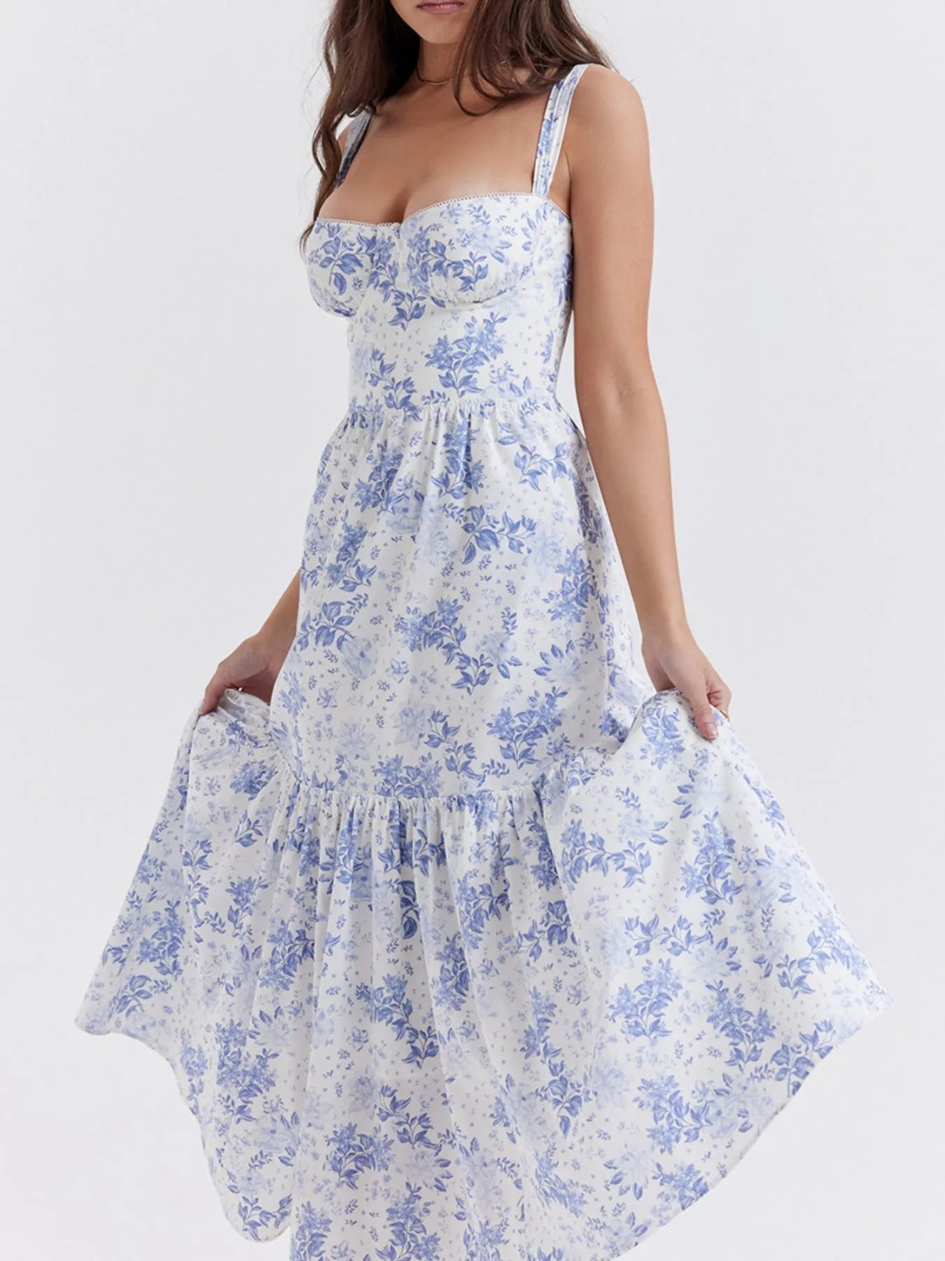 Floral Print Sweetheart Neck Midi Dress