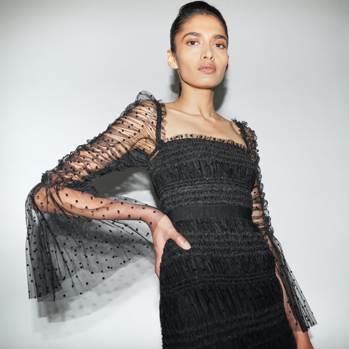 Polka Dot Black Mesh Midi Dress