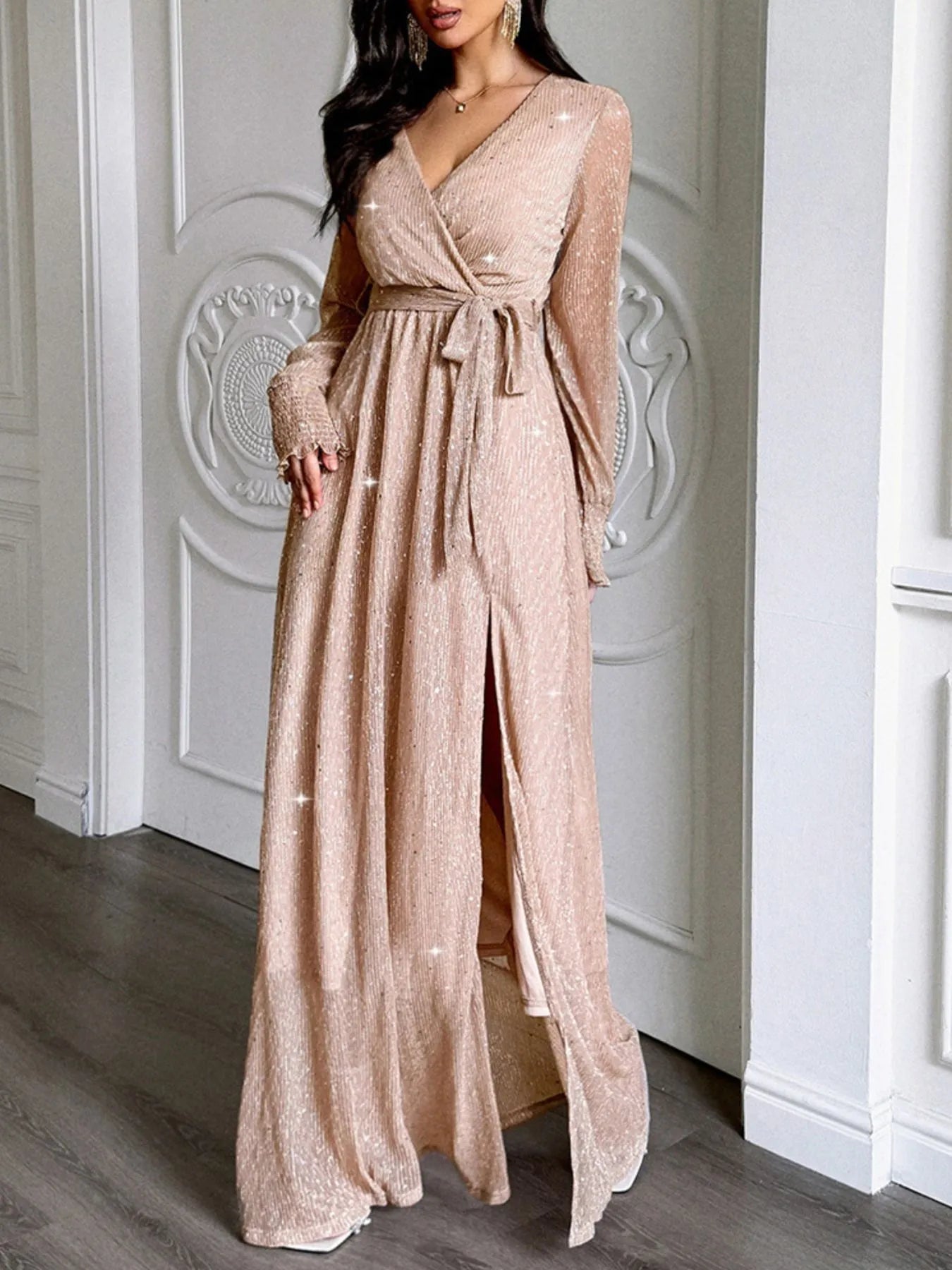 Surplice Slit Tie Waist Maxi Dress