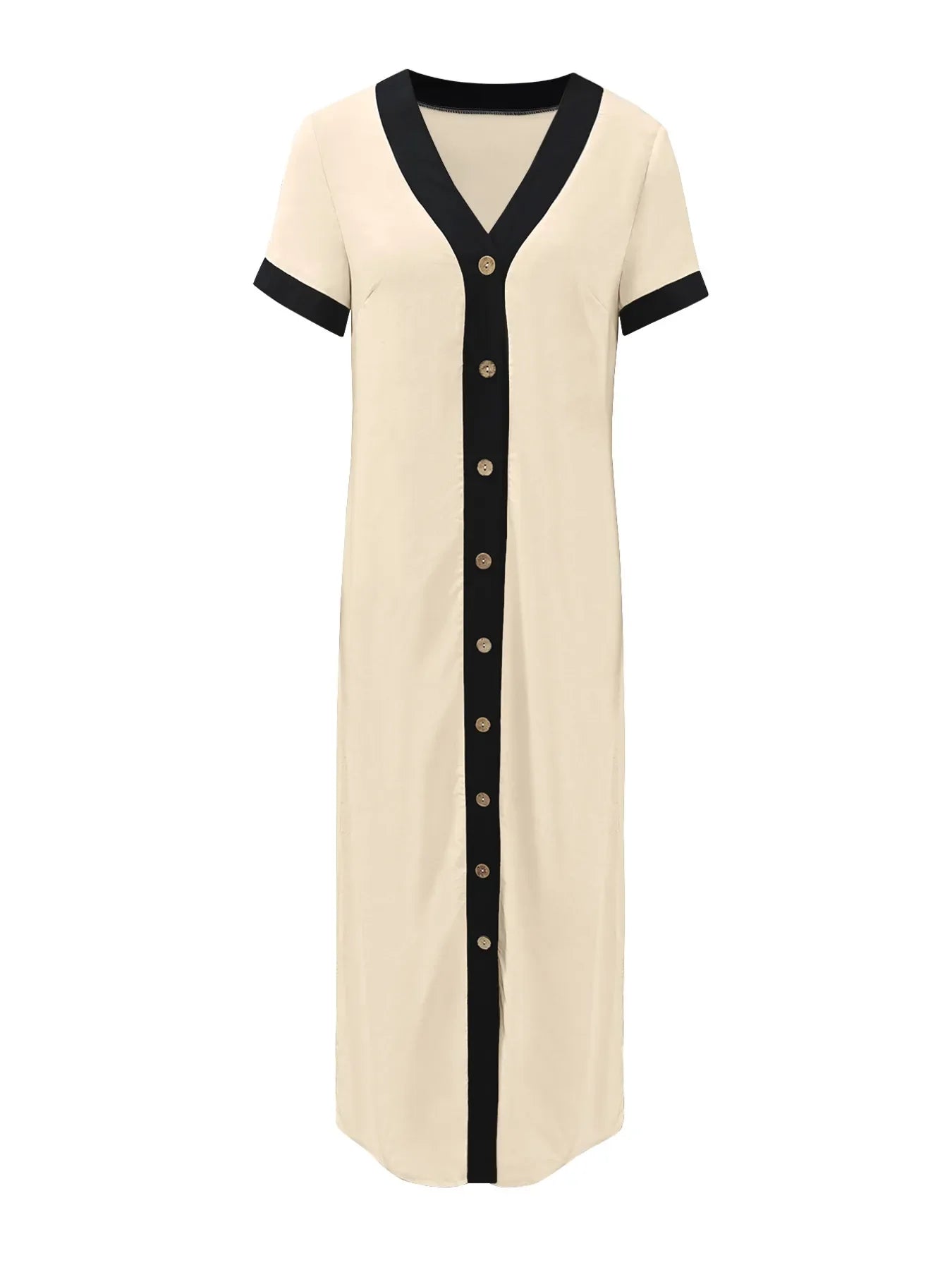 Button-Front Contrast Trim Midi Dress