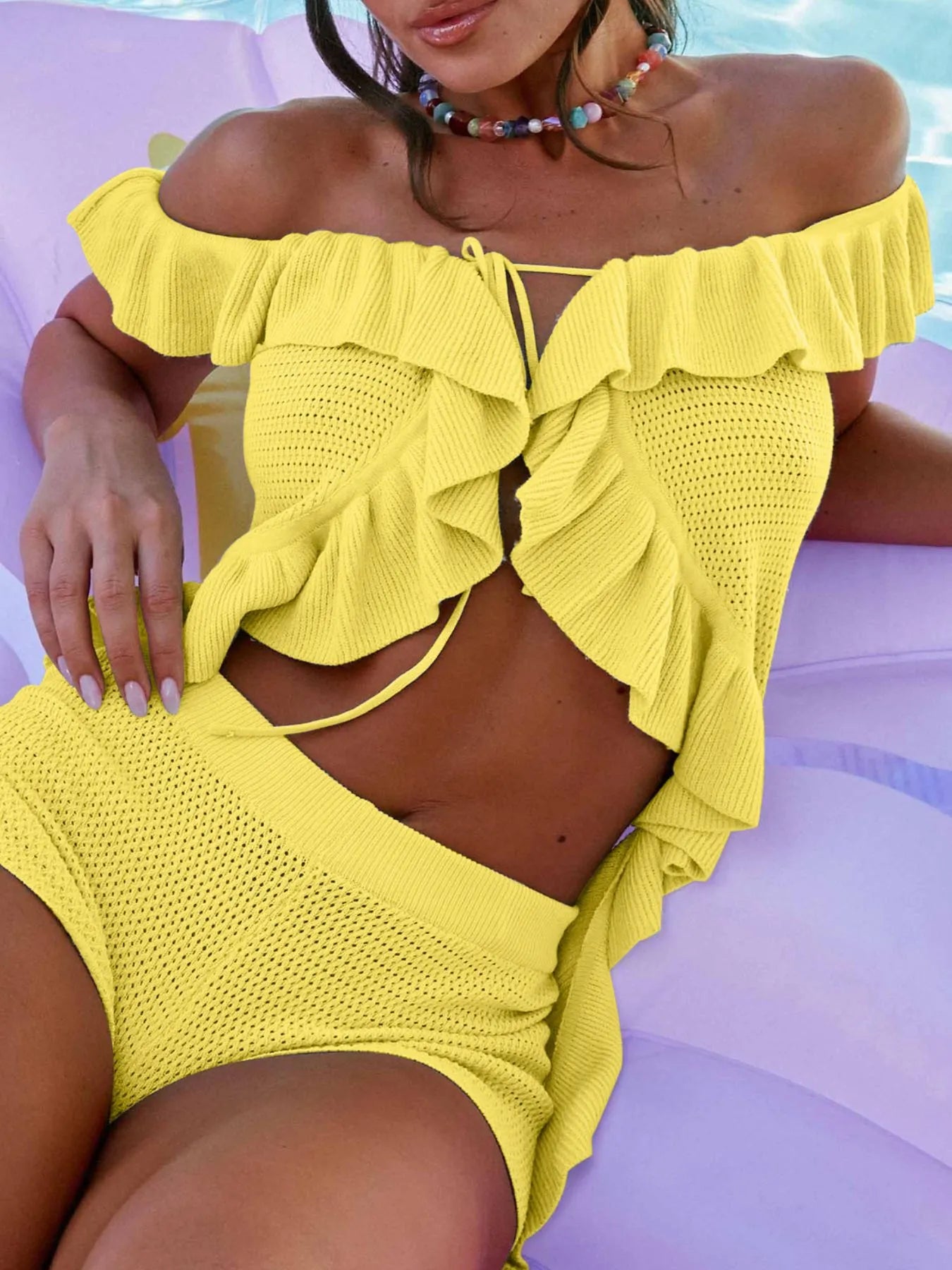 Off-Shoulder Ruffle Top and Shorts Sweater Set