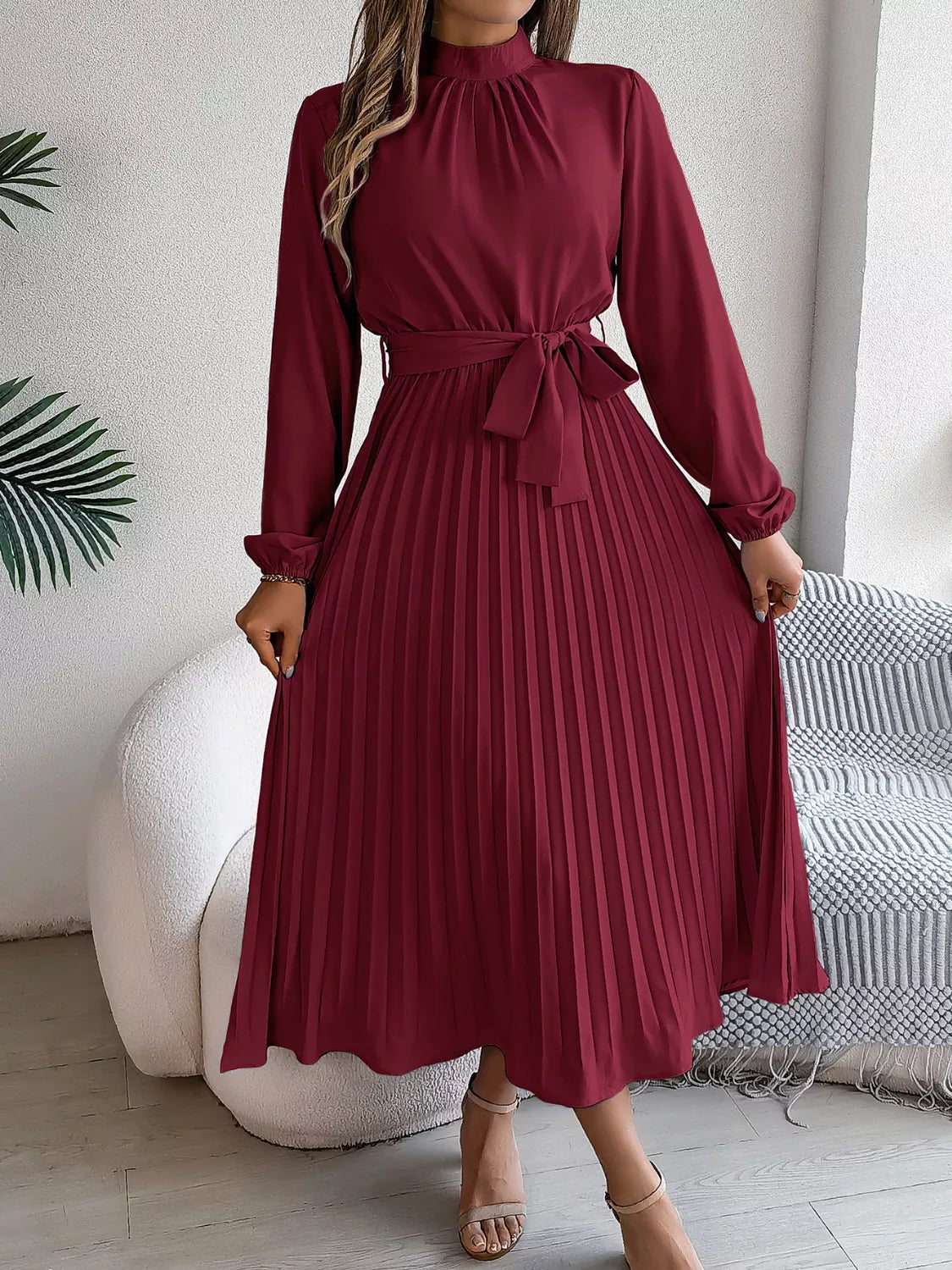 Mock Neck Pleated Midi Dress