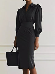 Ruched Midi Shirt Dress with Side Slit