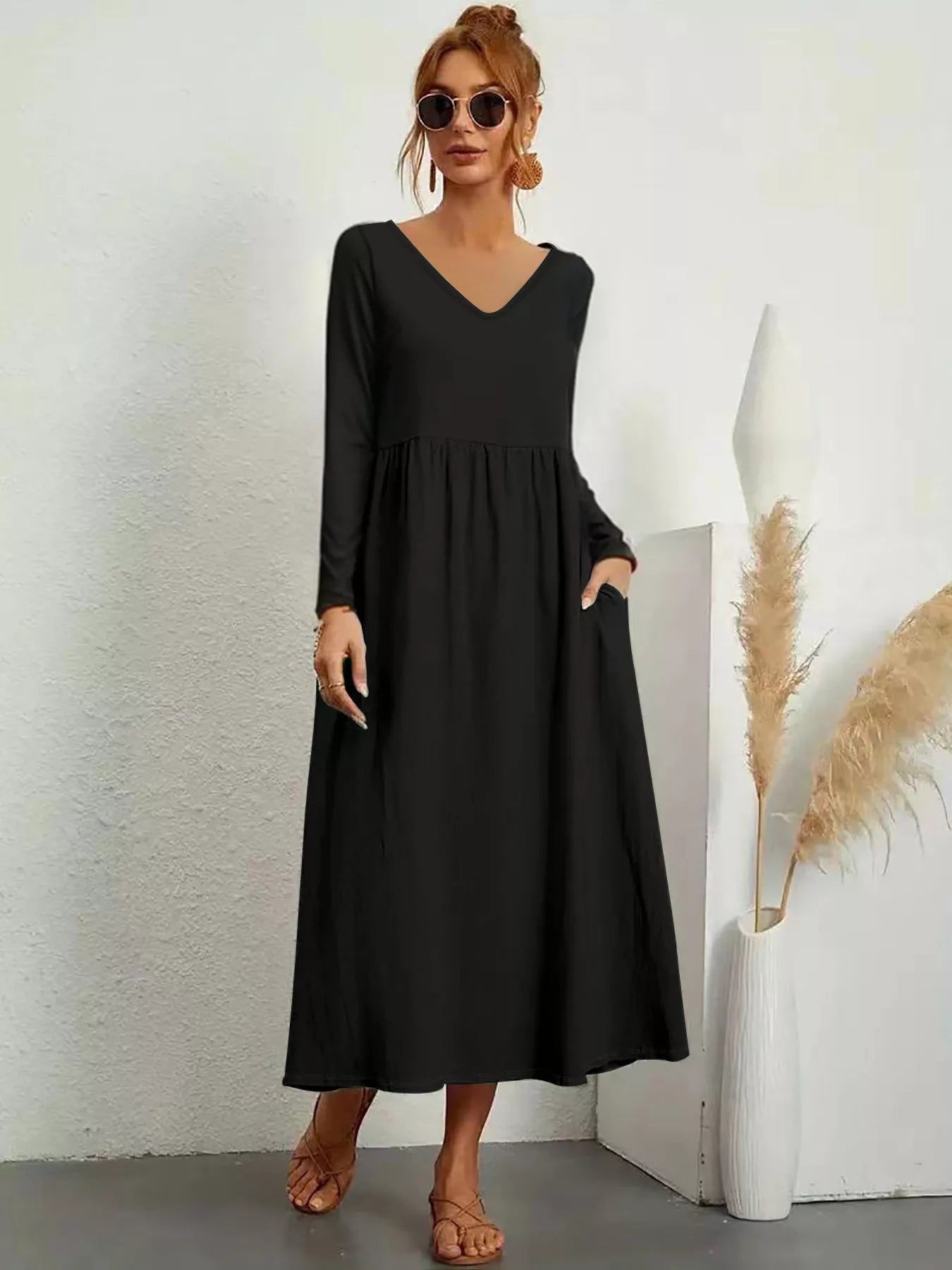 V-Neck Long Sleeve Pocketed Midi Dress