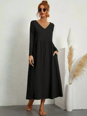V-Neck Long Sleeve Pocketed Midi Dress