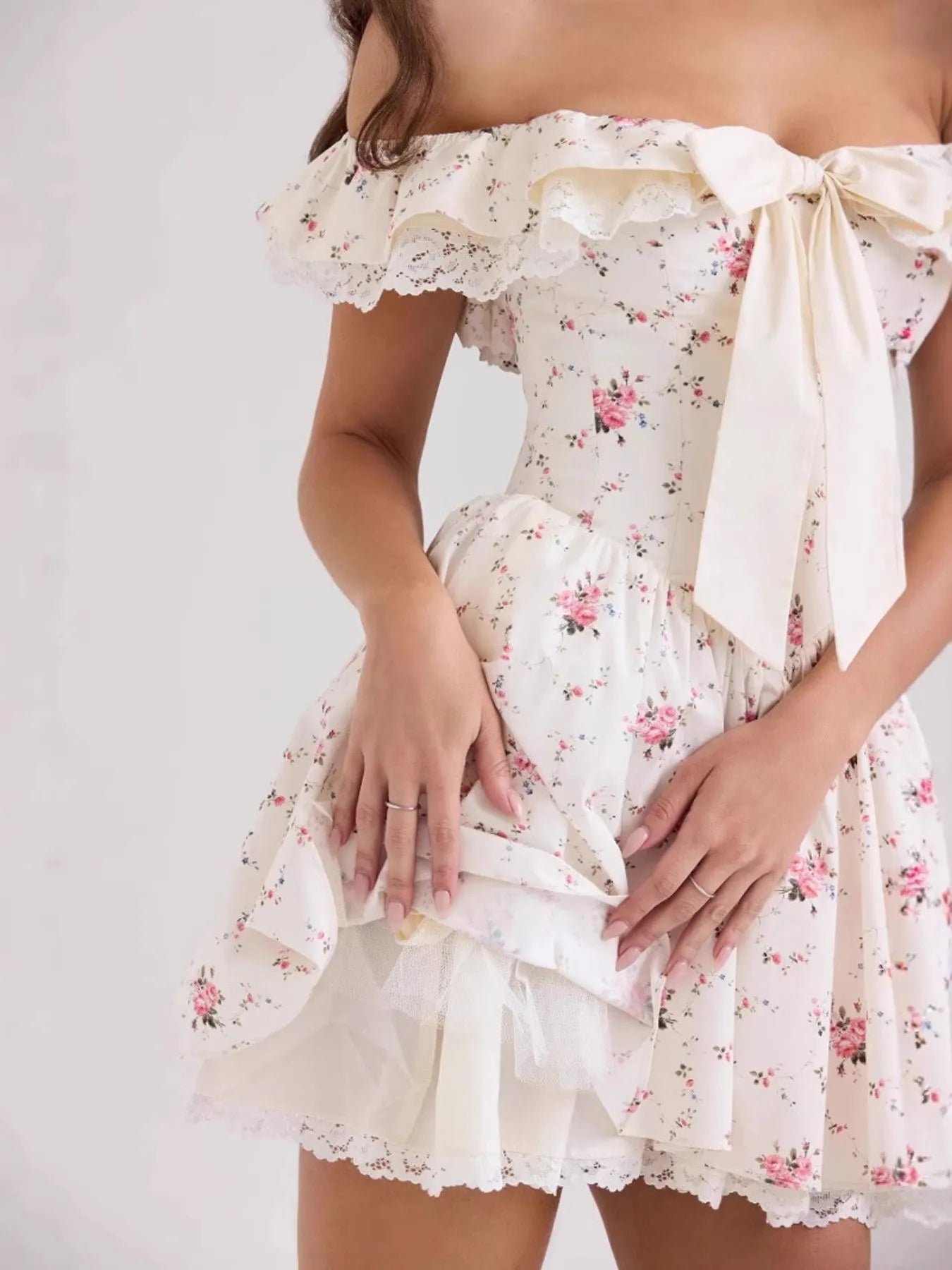 Off-Shoulder Floral Lace Trim Mini Dress