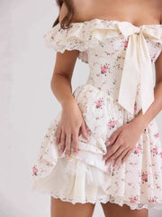 Off-Shoulder Floral Lace Trim Mini Dress