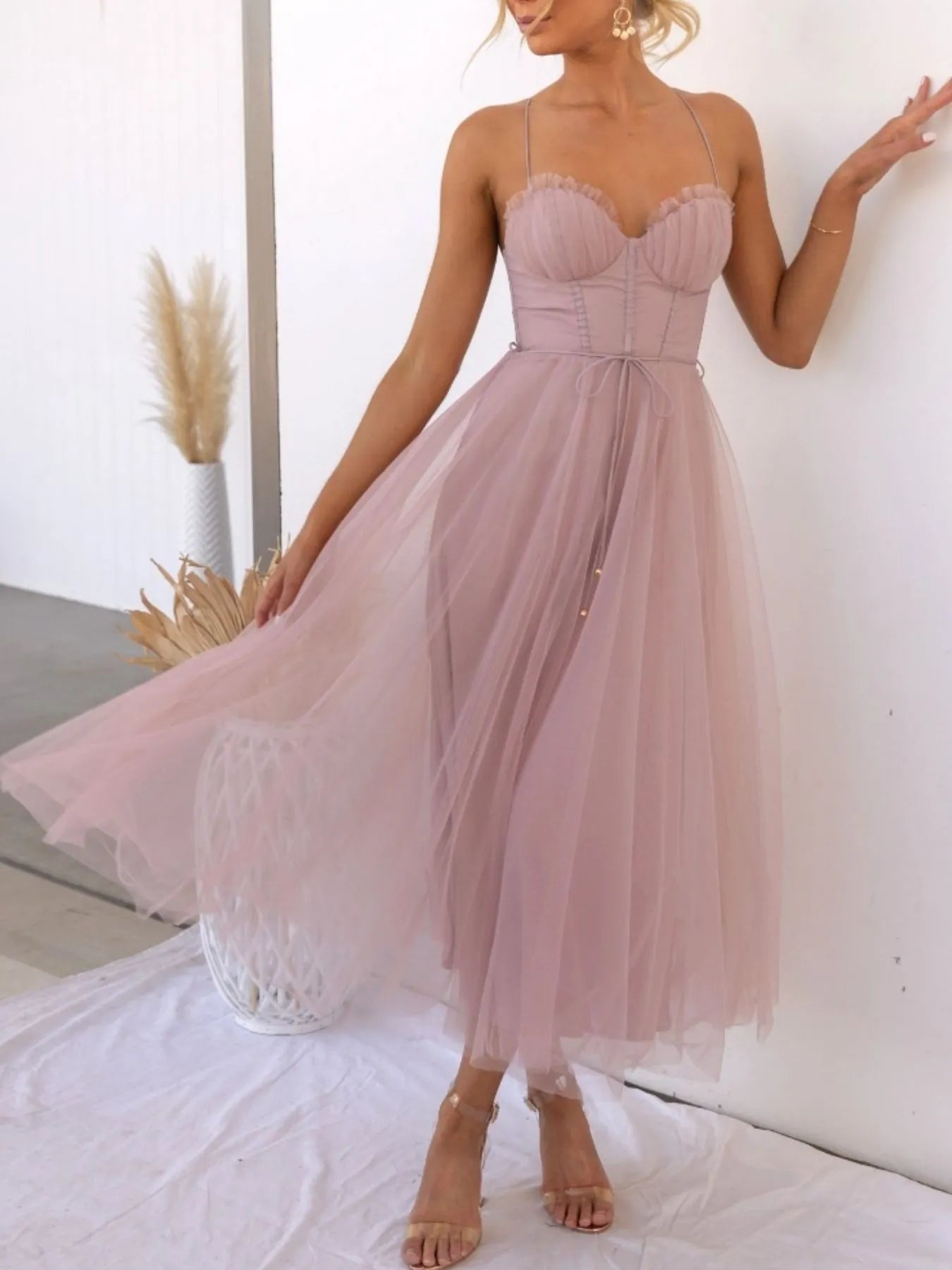 Sweetheart Neck Tulle Midi Dress