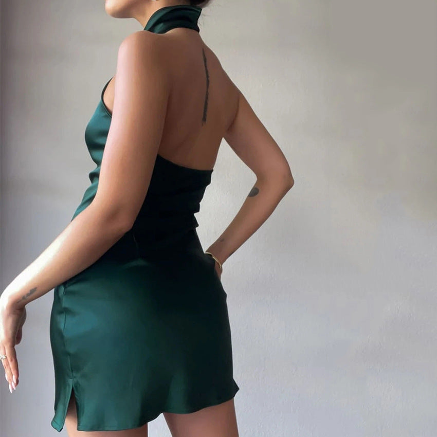 Satin Halter Sleeveless Dress-Green