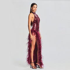 Alyia Wine Red Sequined Halter Slit Dress