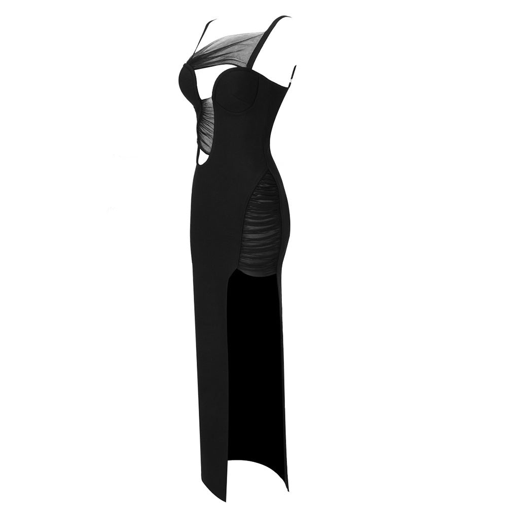 Elite Event Slit Long Mesh Dress-Black