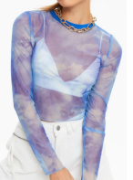 Round Neck Exposed Navel Long -sleeved Mesh Printed Tops