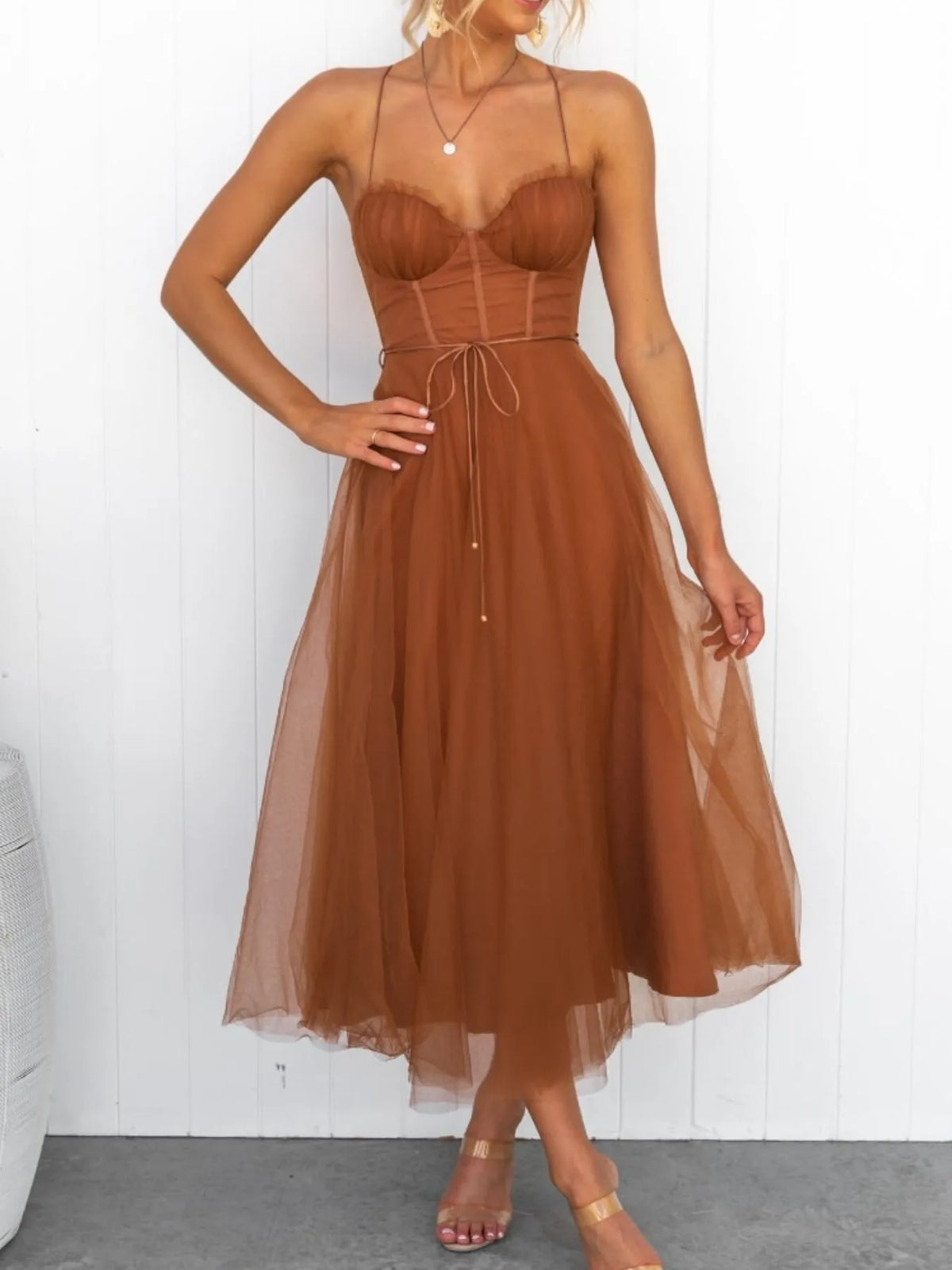 Sweetheart Neck Tulle Midi Dress