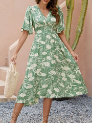 Printed V-Neck Flutter Sleeve Midi Dress