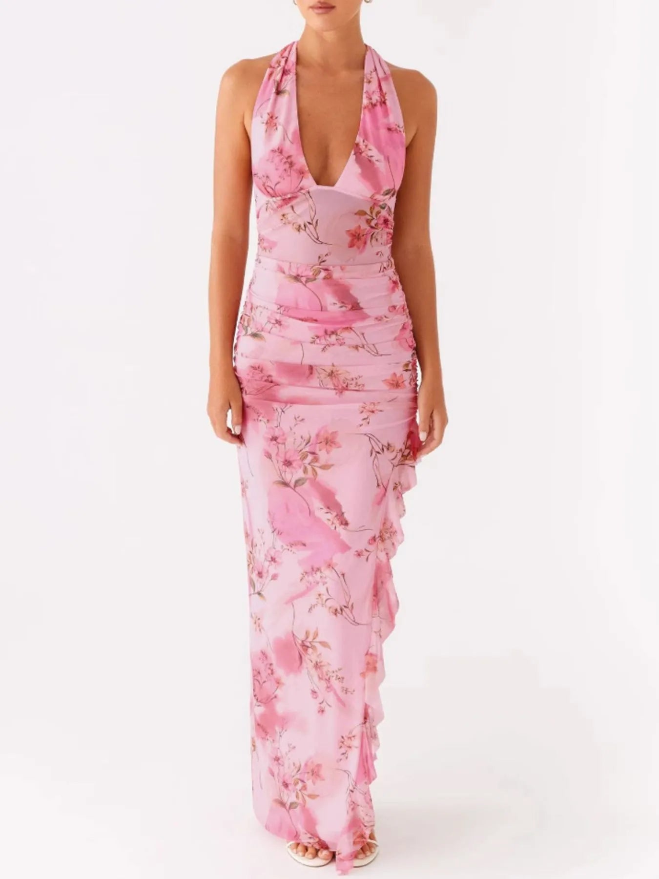 Ruffled Floral Print Halter Neck Cami Dress