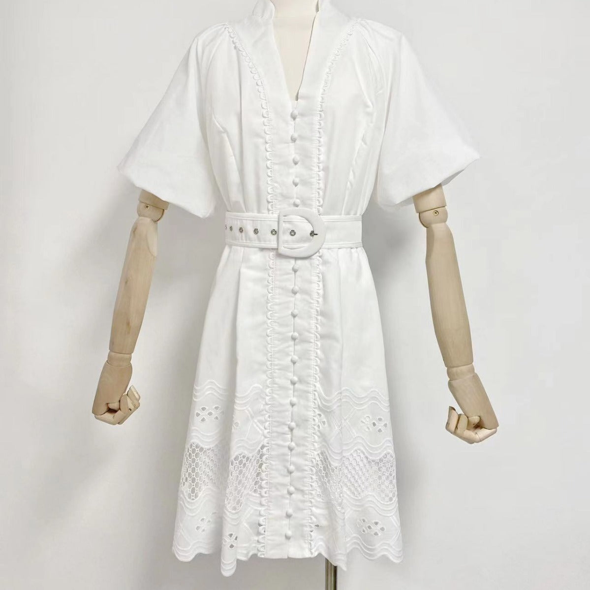 V-neck Puff Sleeve Belt Waist  Mini Dress