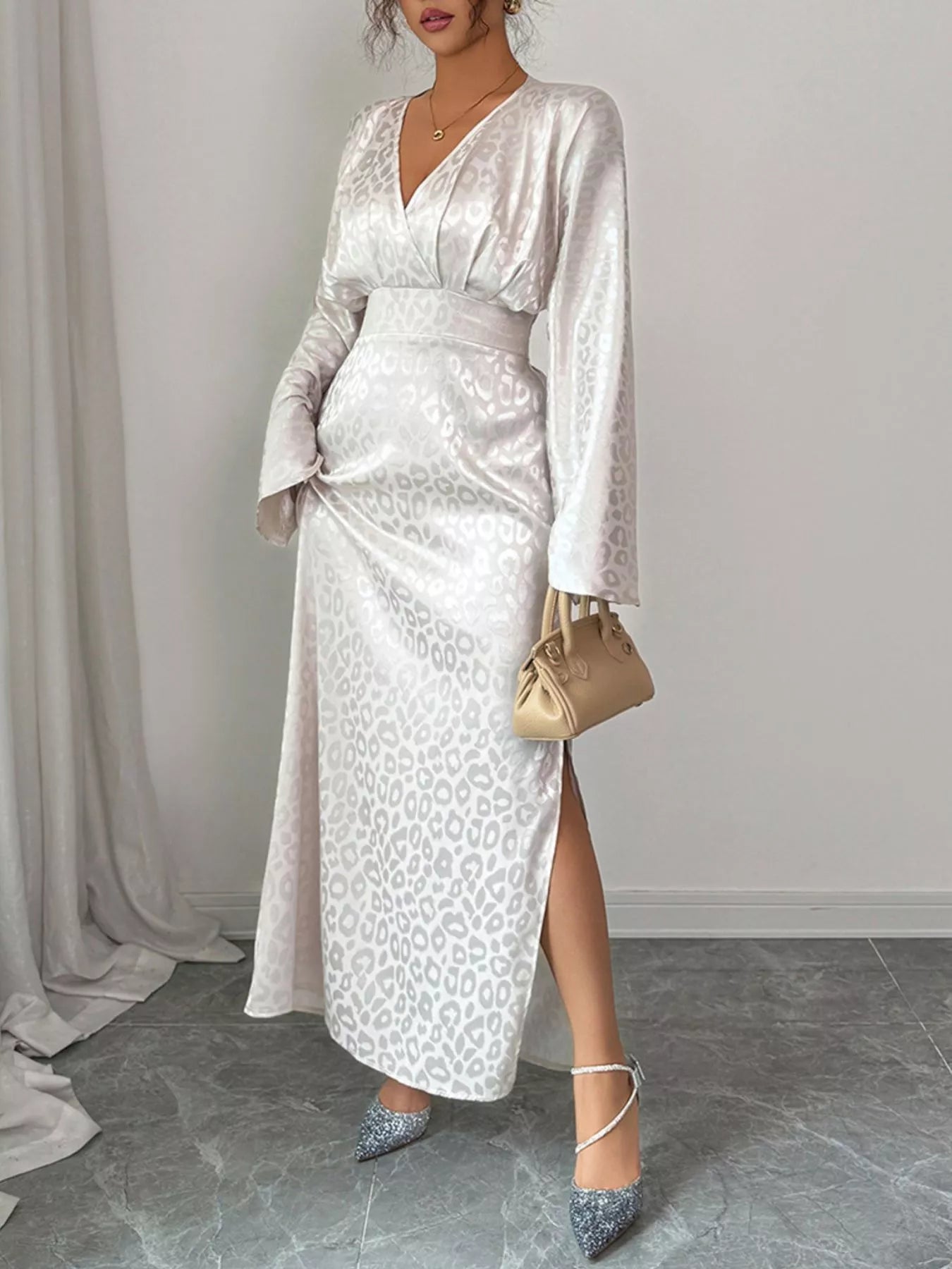 Leopard Surplice Long Sleeve Maxi Dress