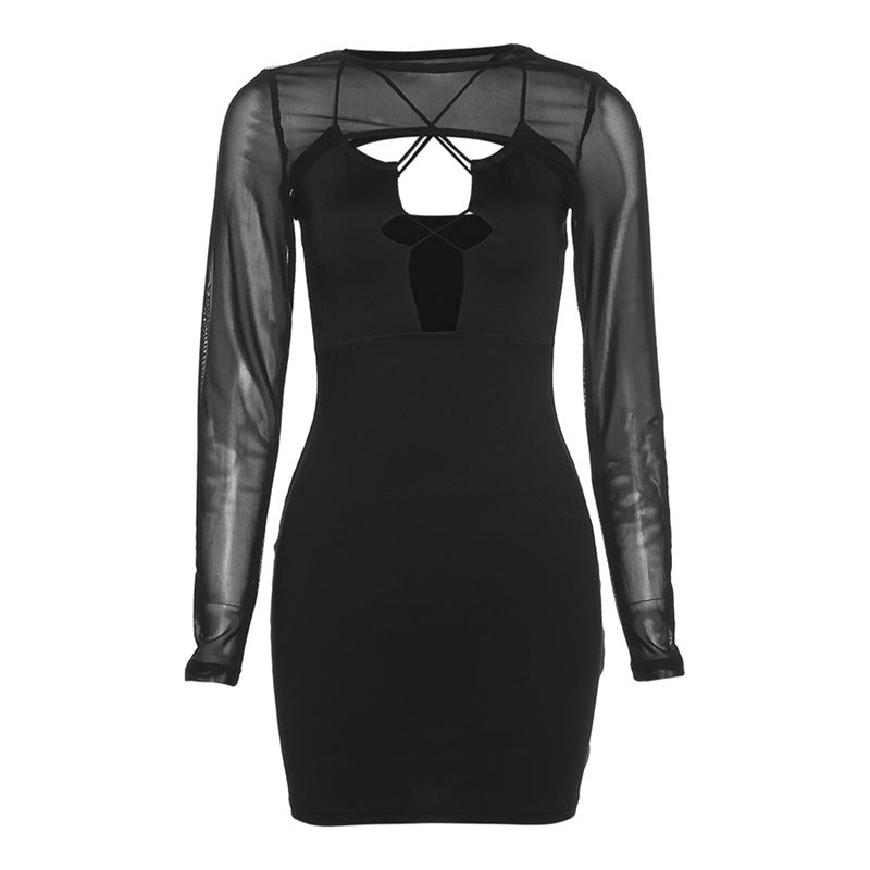 Alyia Black Mesh Cross Mini Dress Hollow Out