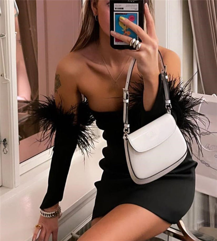 Off shoulder feather Black Dress