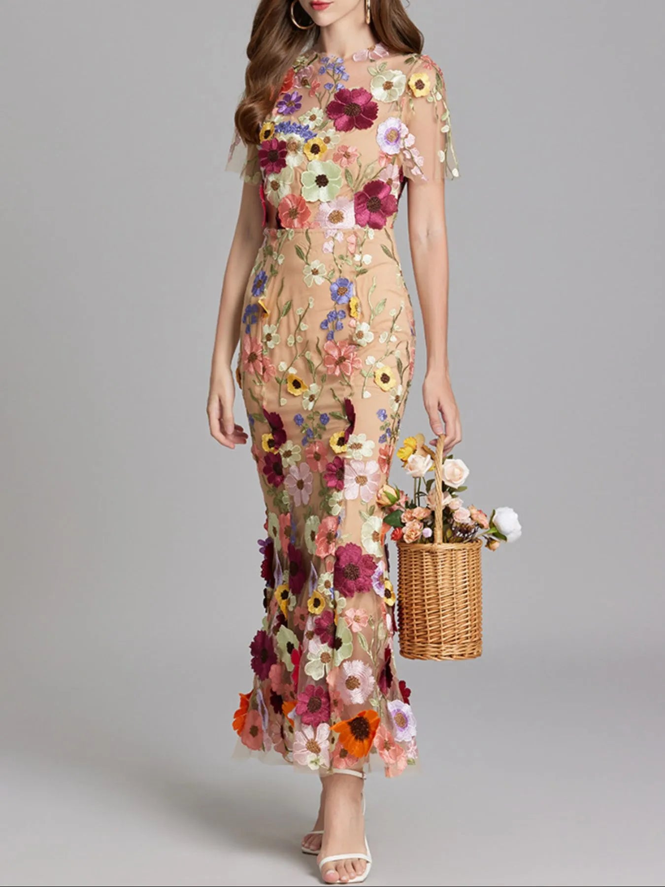 Floral Embroidered Mesh Overlay Maxi Dress