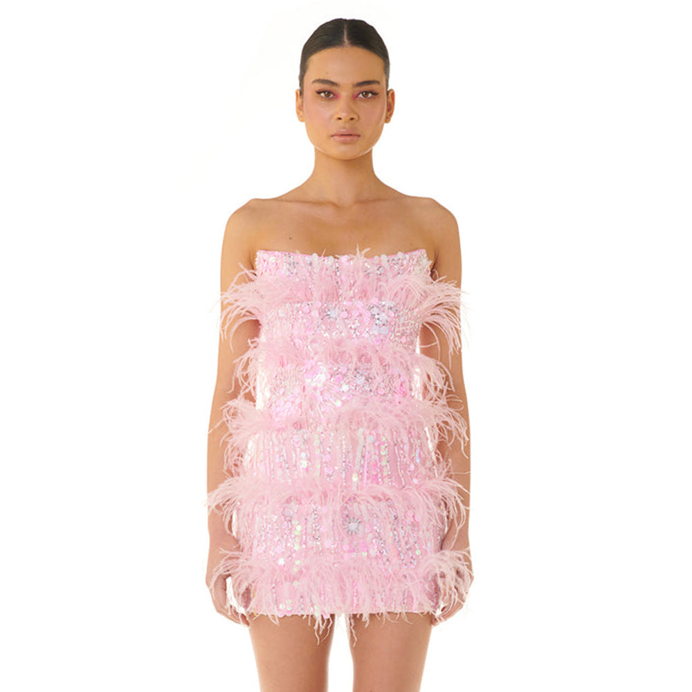 Reinna Strapless Sequin Feather Birthday Party Dress