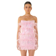 Reinna Strapless Sequin Feather Birthday Party Dress