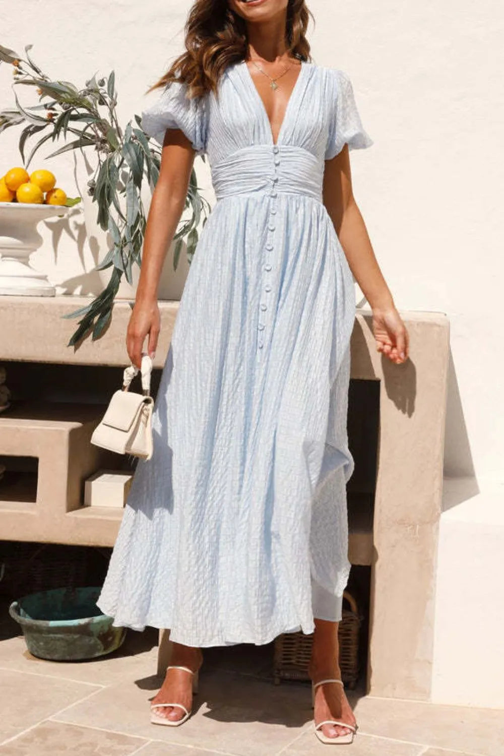 V-Neck Puff Short Sleeve Midi Dress