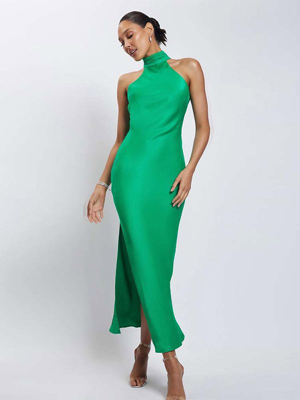 HIGH NECK SATIN WED PARTY DRESS