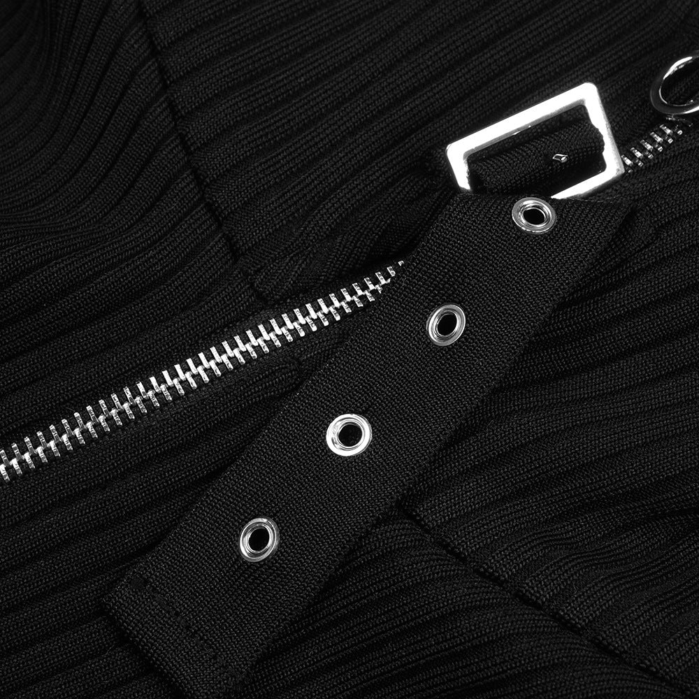 Slassa Fur Collar Zipper Black Dress