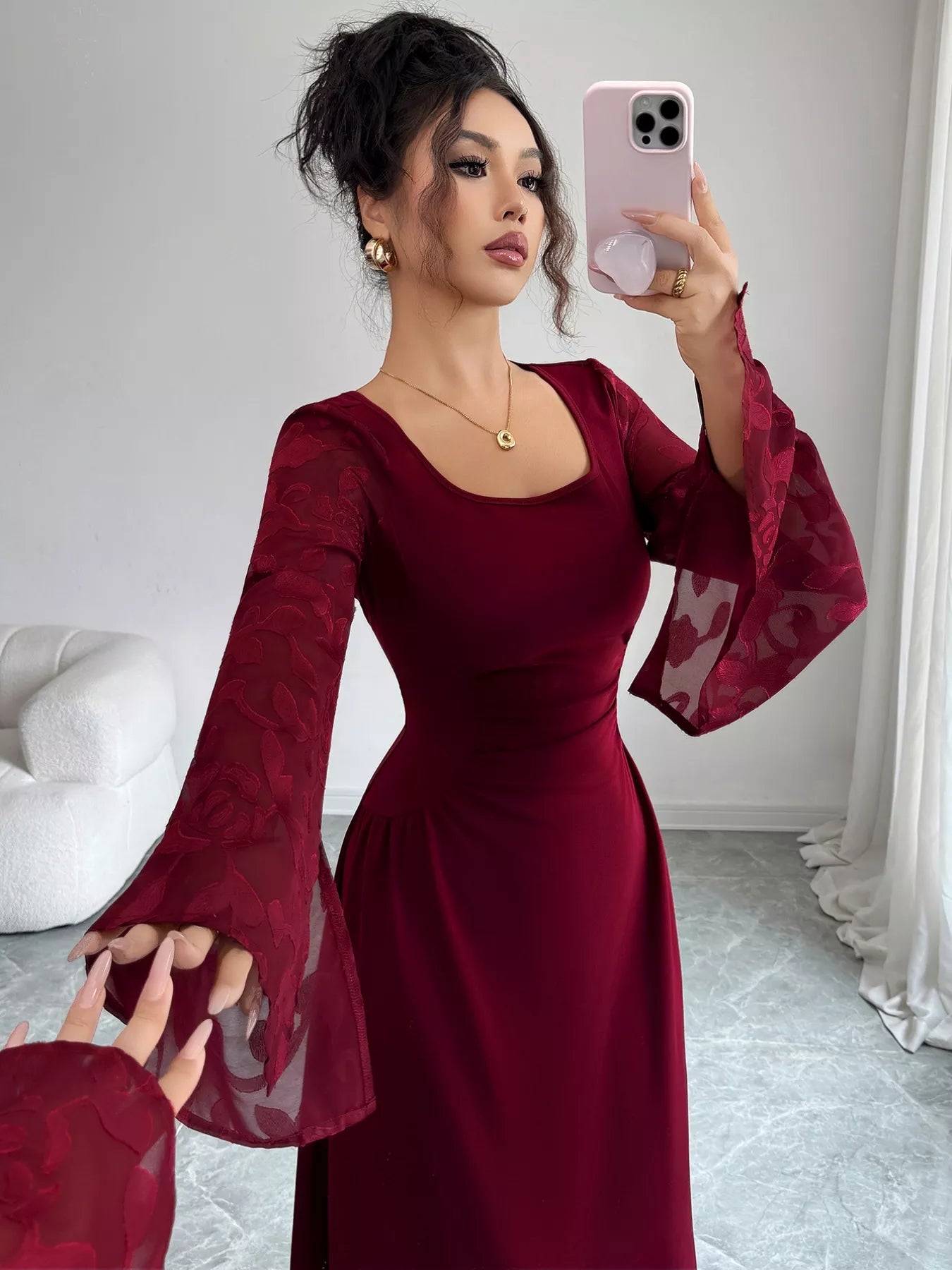 Square Neck Flare Sleeve Midi Dress